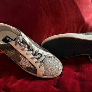 Golden Goose Silver Glitter and Black Sneakers